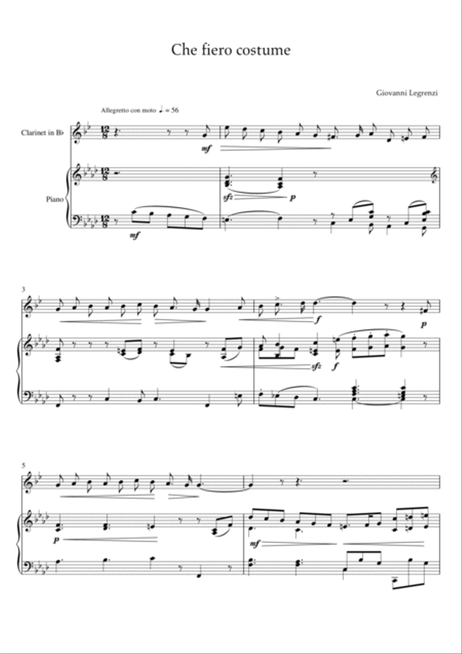 Legrenzi - Che fiero costume (Piano and Clarinet) Small Ensemble scores gallery preview page 2