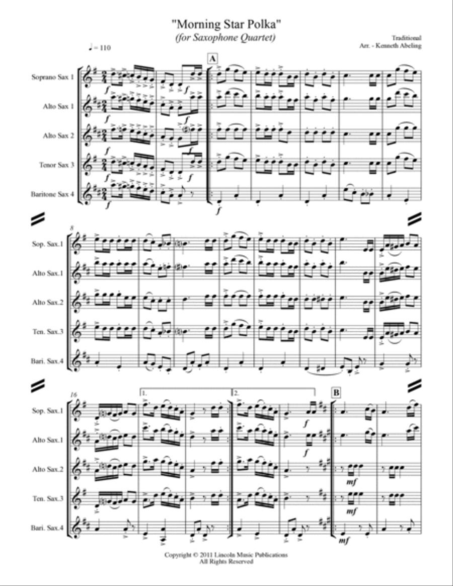 Morning Star Polka (for Saxophone Quartet SATB or AATB) Morning Star Polka (for Saxophone Quartet SATB or AATB) Saxophone Quartet scores gallery preview page 2