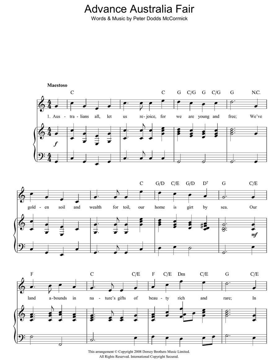 Advance Australia Fair (Australian National Anthem) Piano, Vocal, Guitar scores gallery preview page 1