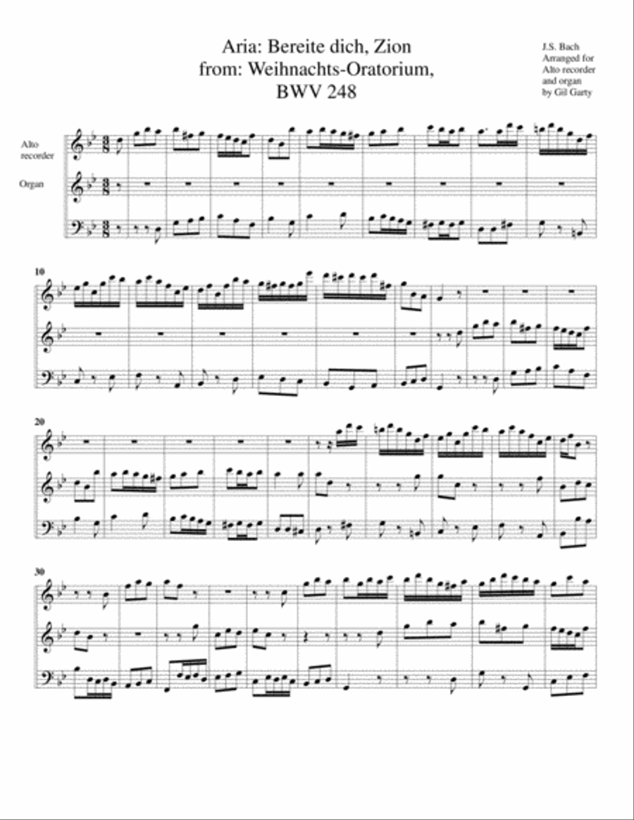 Aria: Bereite dich, Zion from: Weihnachts-Oratorium, BWV 248 (arrangement for recorder and organ or Small Ensemble scores gallery preview page 1