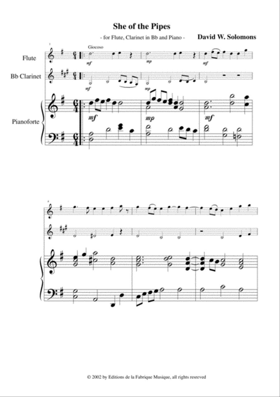 David Warin Solomons: She of the Pipes for flute, Bb clarinet and piano Woodwind Duet scores gallery preview page 2
