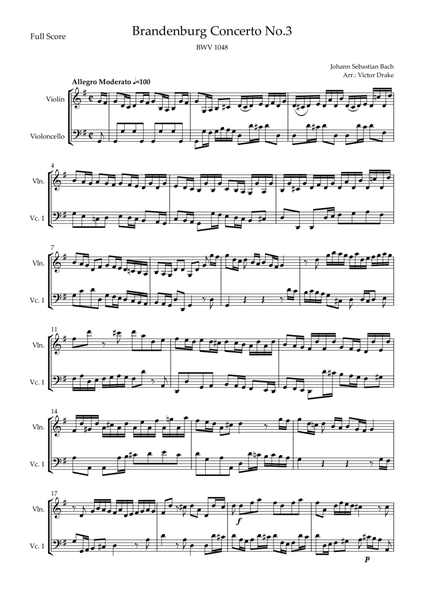 Brandenburg Concerto No. 3 in G major, BWV 1048 1st Mov. (J.S. Bach) for Violin & Cello image number null