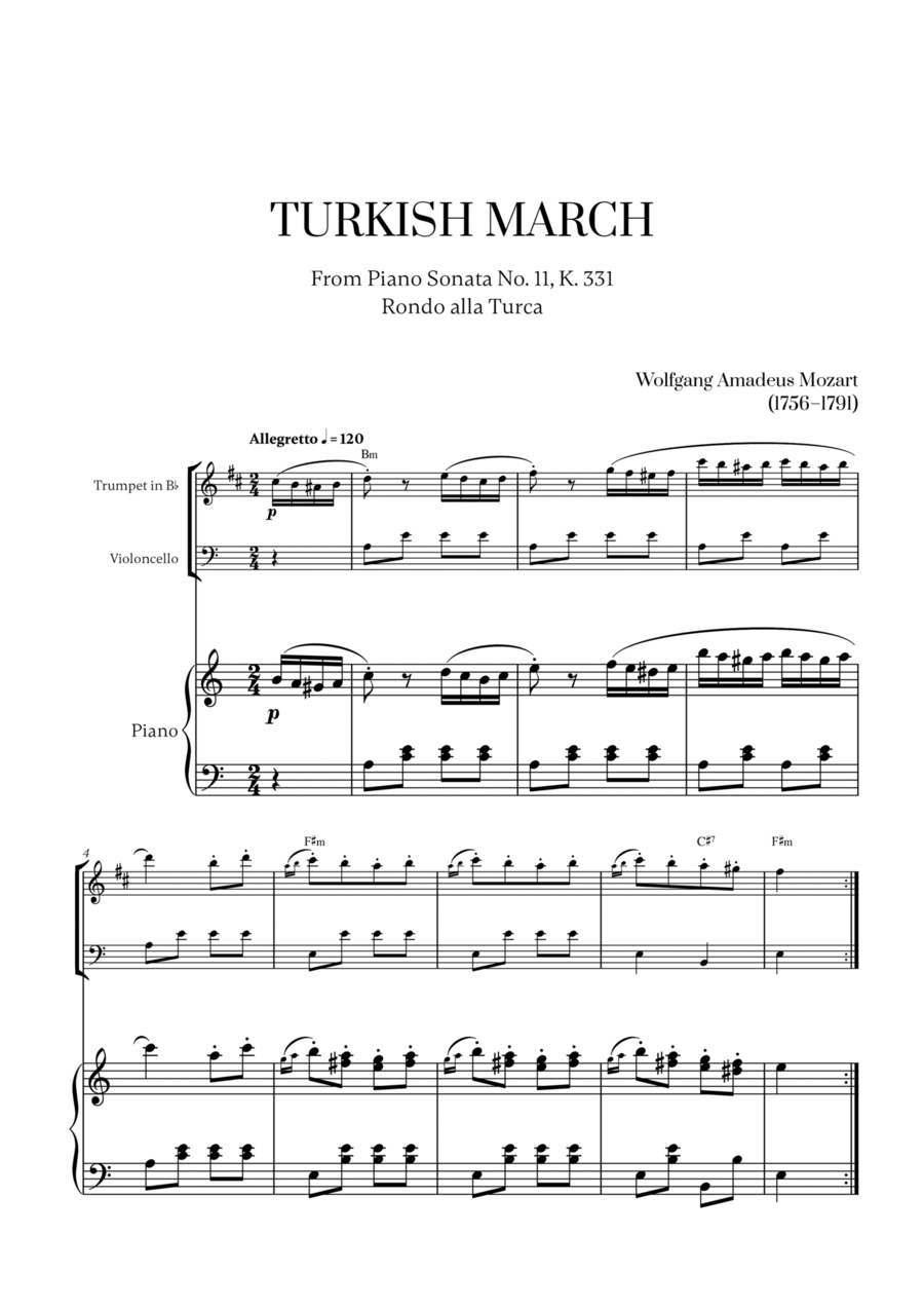 W. A. Mozart - Turkish March (Alla Turca) (with chords) for Trumpet in Bb, Cello and Piano Trumpet Duet scores gallery preview page 1