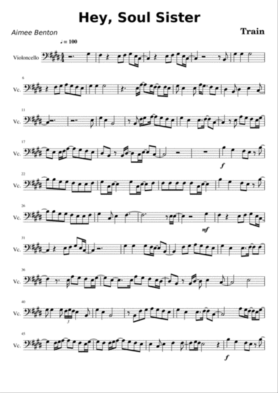 Hey, Soul Sister Cello Solo scores gallery preview page 1