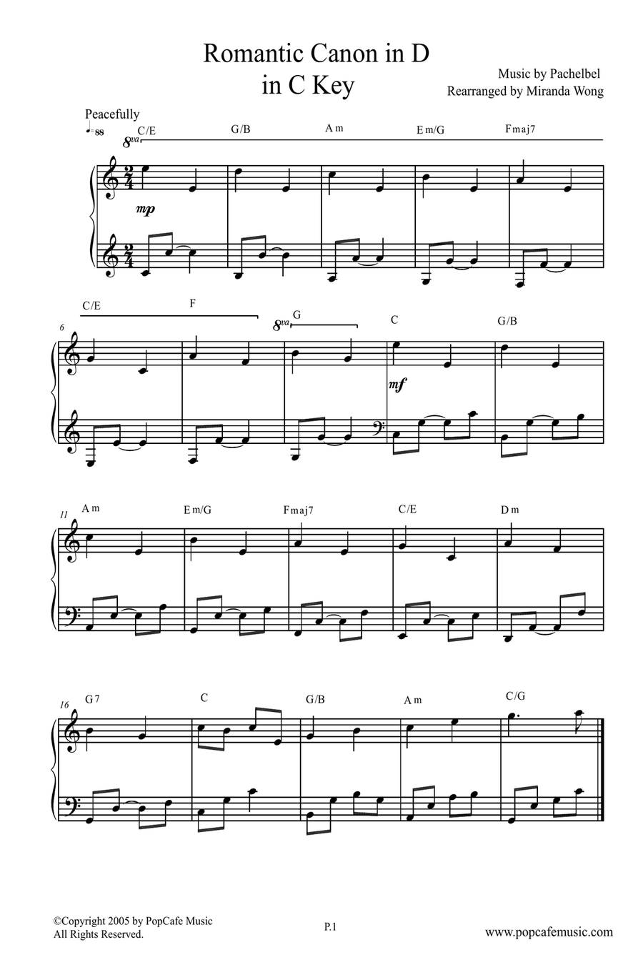 Romantic Canon in D in C Key for Easy Piano Solo Easy Piano scores gallery preview page 1