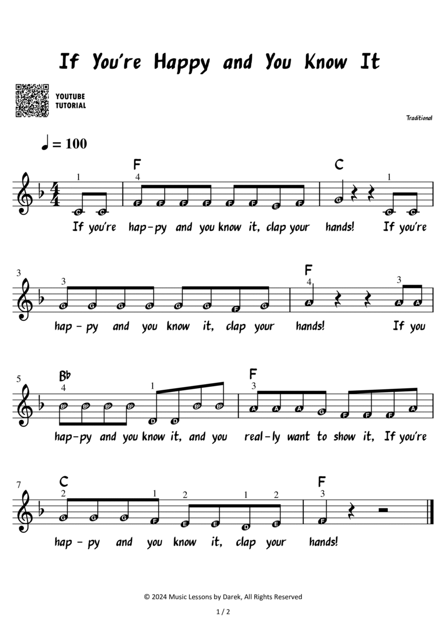 If You're Happy and You Know It – Traditional Children Song [VERY EASY] Easy Piano scores gallery preview page 1