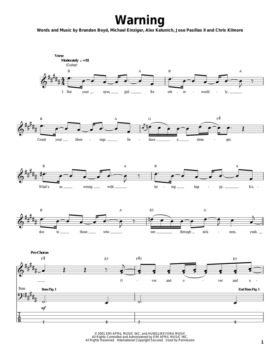 Warning Warning Bass Guitar Tablature scores gallery preview page 1