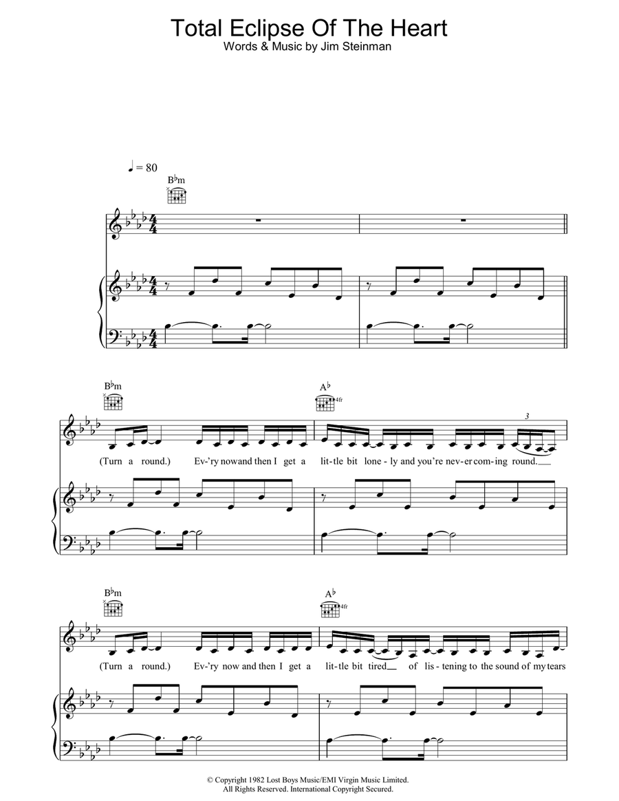 Total Eclipse Of The Heart Piano, Vocal, Guitar scores gallery preview page 1