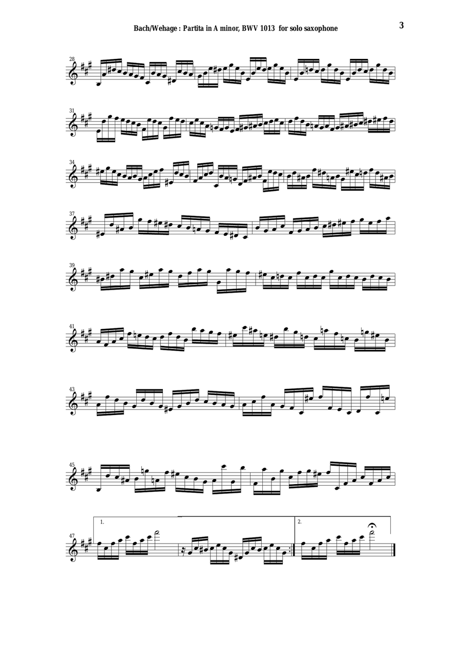J. S. Bach: Partita in A minor, BWV 1013, arranged for solo saxophone by Paul Wehage Woodwind Quartet scores gallery preview page 3