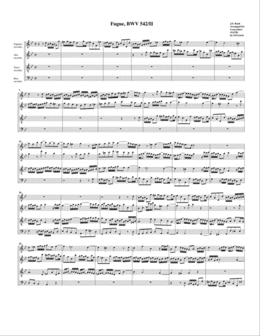 Fugue for organ, BWV 542/II (Arrangement for 4 recorders) Recorder scores gallery preview page 1