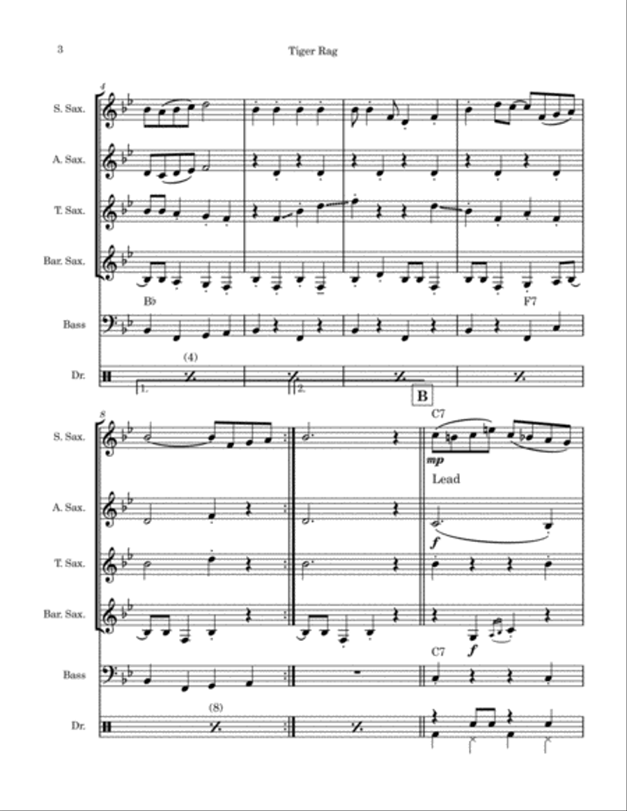 Tiger Rag (Saxophone Quartet) Saxophone Quartet scores gallery preview page 3