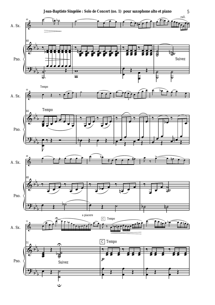 Jean-Baptiste Singelée Solo de Concert (no. 1), Opus 74 pour Saxophone Alto et Piano