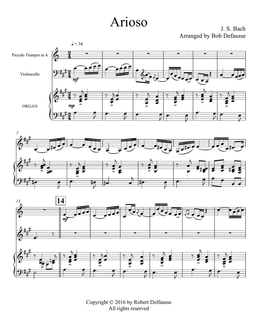 Arioso from Bach's Cantata BWV 156, arranged for piccolo trumpet, cello, and organ Small Ensemble scores gallery preview page 2