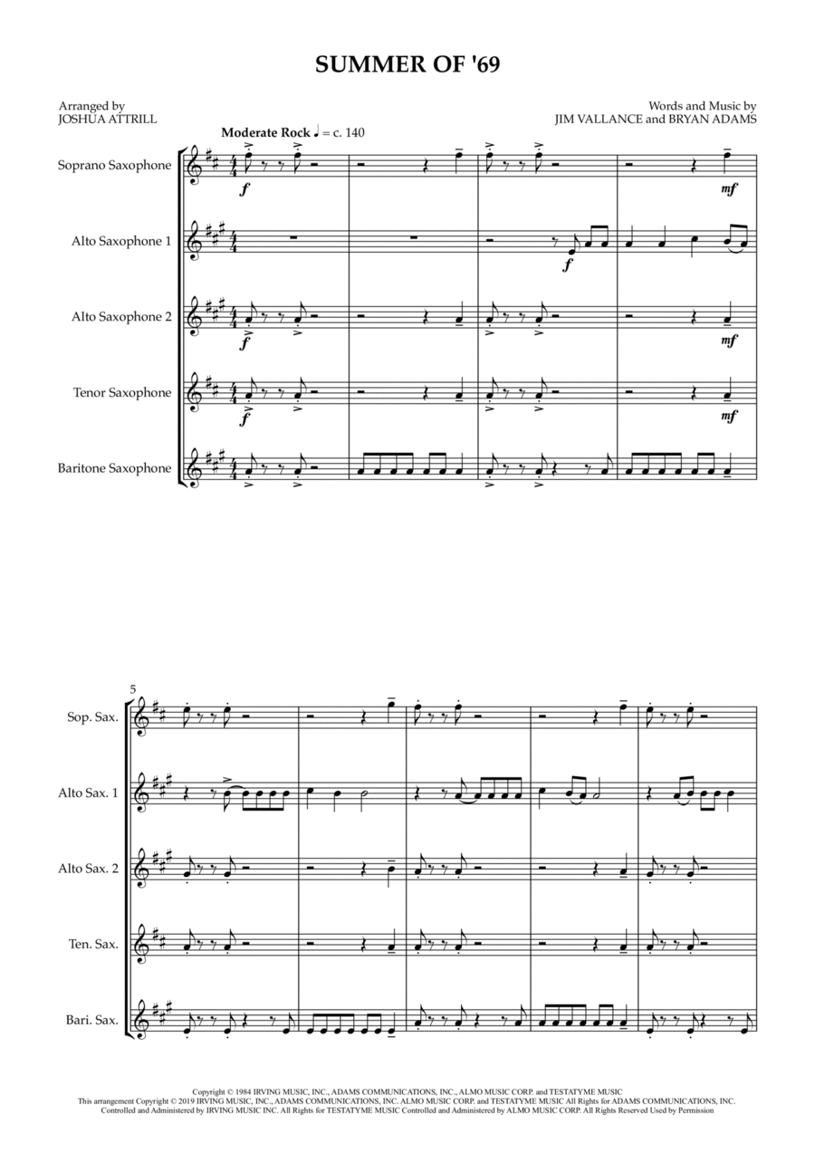 Summer Of '69 Saxophone Quintet scores gallery preview page 1