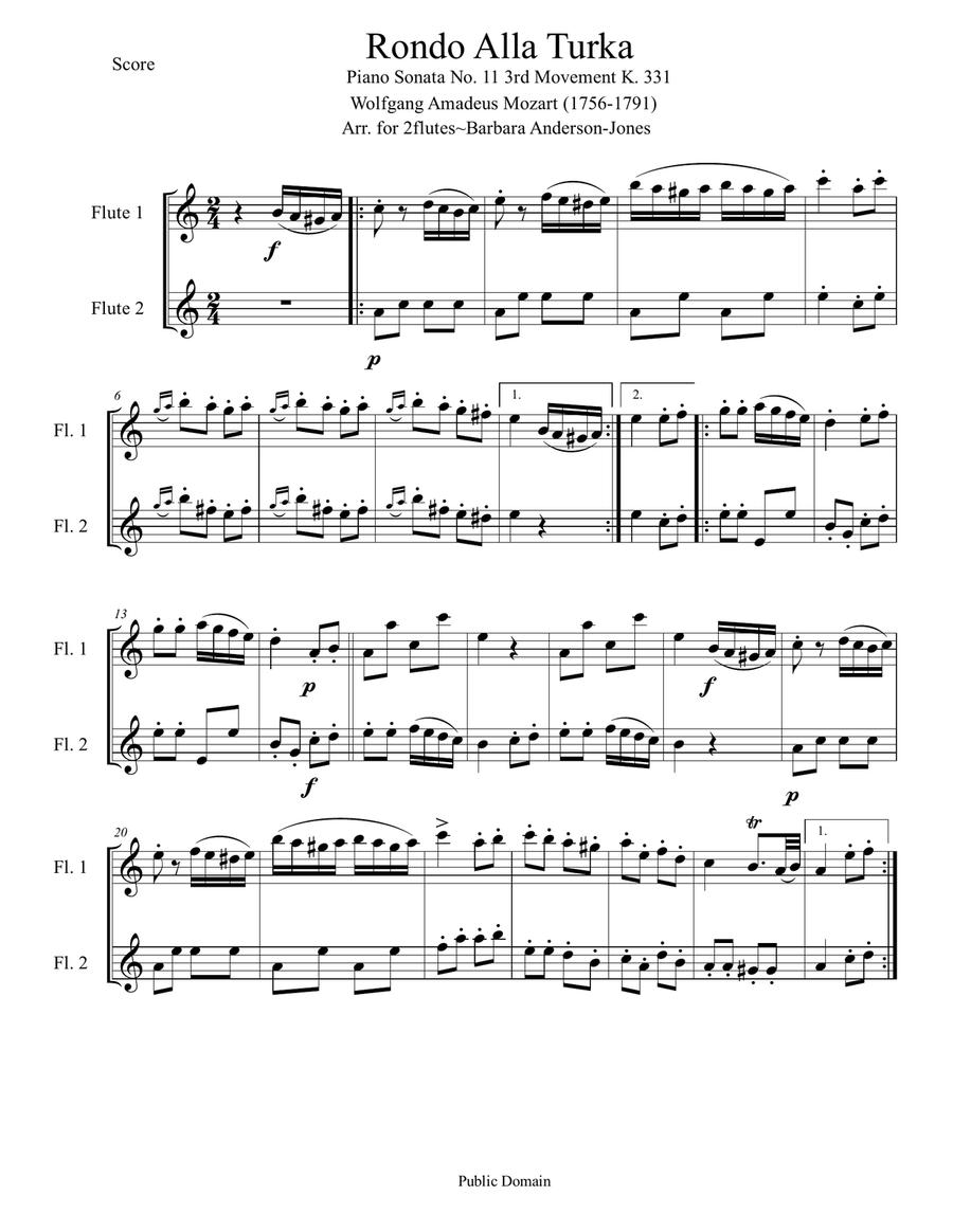 Rondo Alla Turka (Flute Duet) Flute Duet scores gallery preview page 1