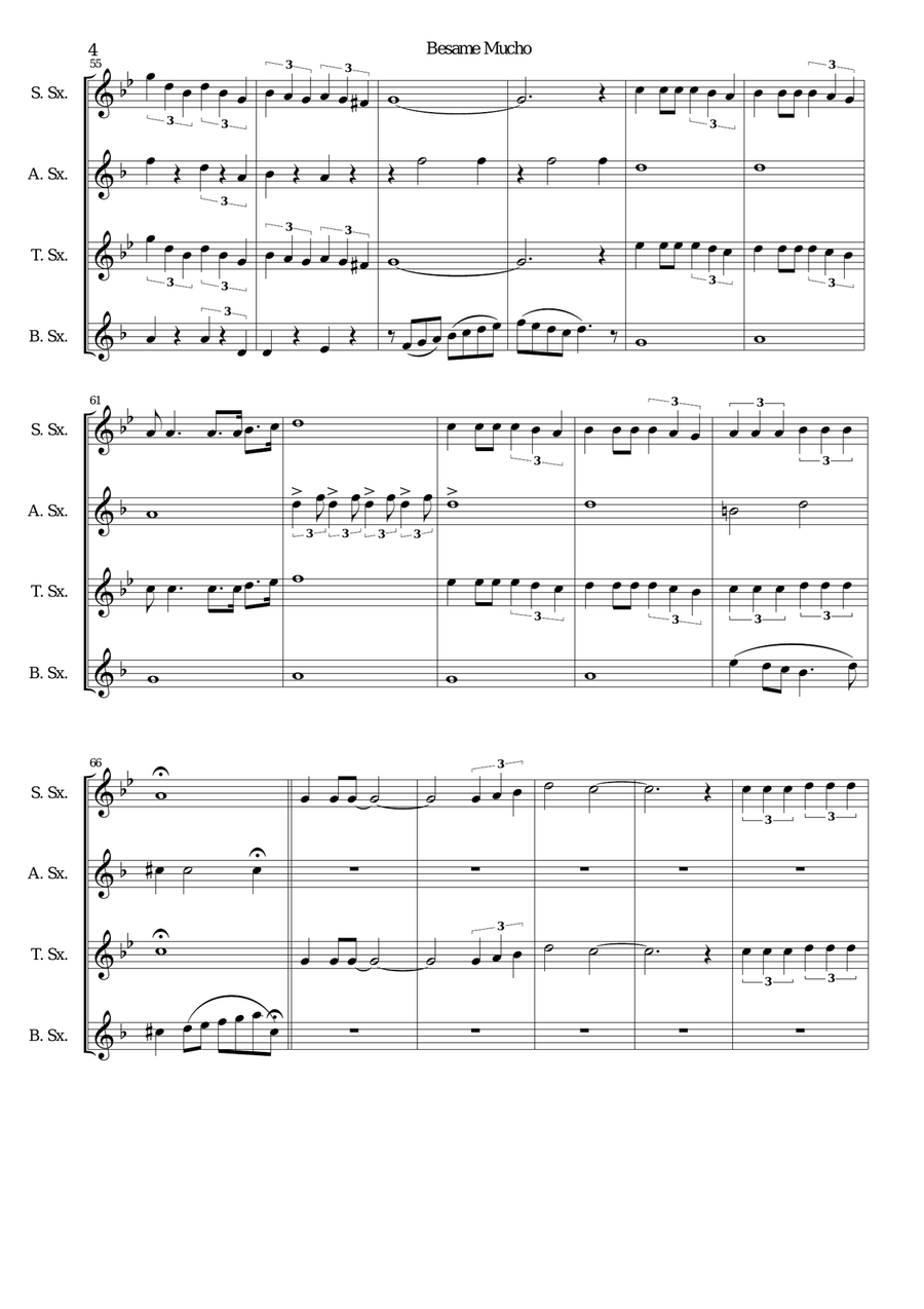 Besame Mucho (Kiss Me Much) Saxophone Quartet scores gallery preview page 4