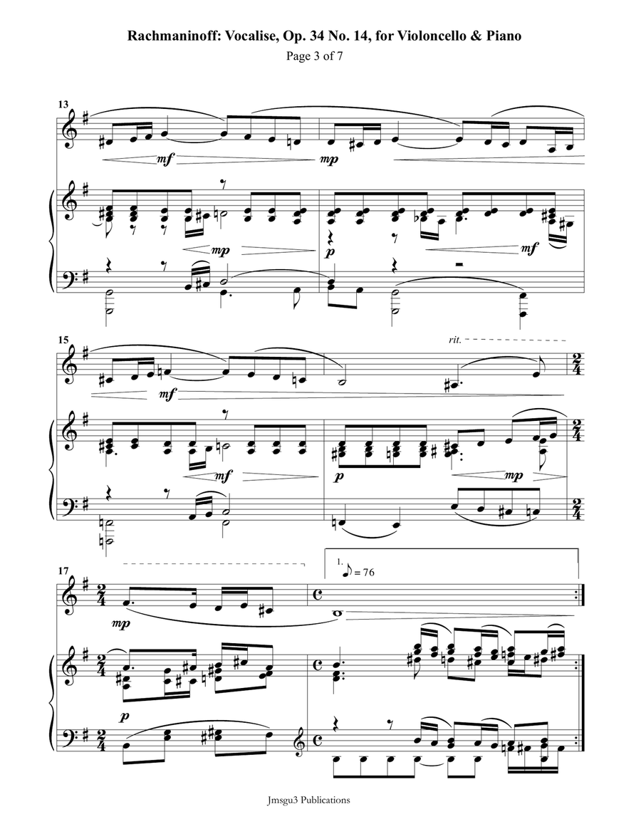 Rachmaninoff: Vocalise for Cello & Piano Piano scores gallery preview page 3