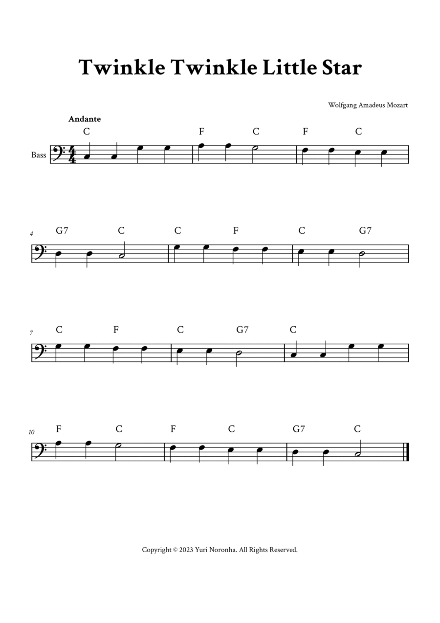 Twinkle Twinkle Little Star For Bass C Major with Chords
