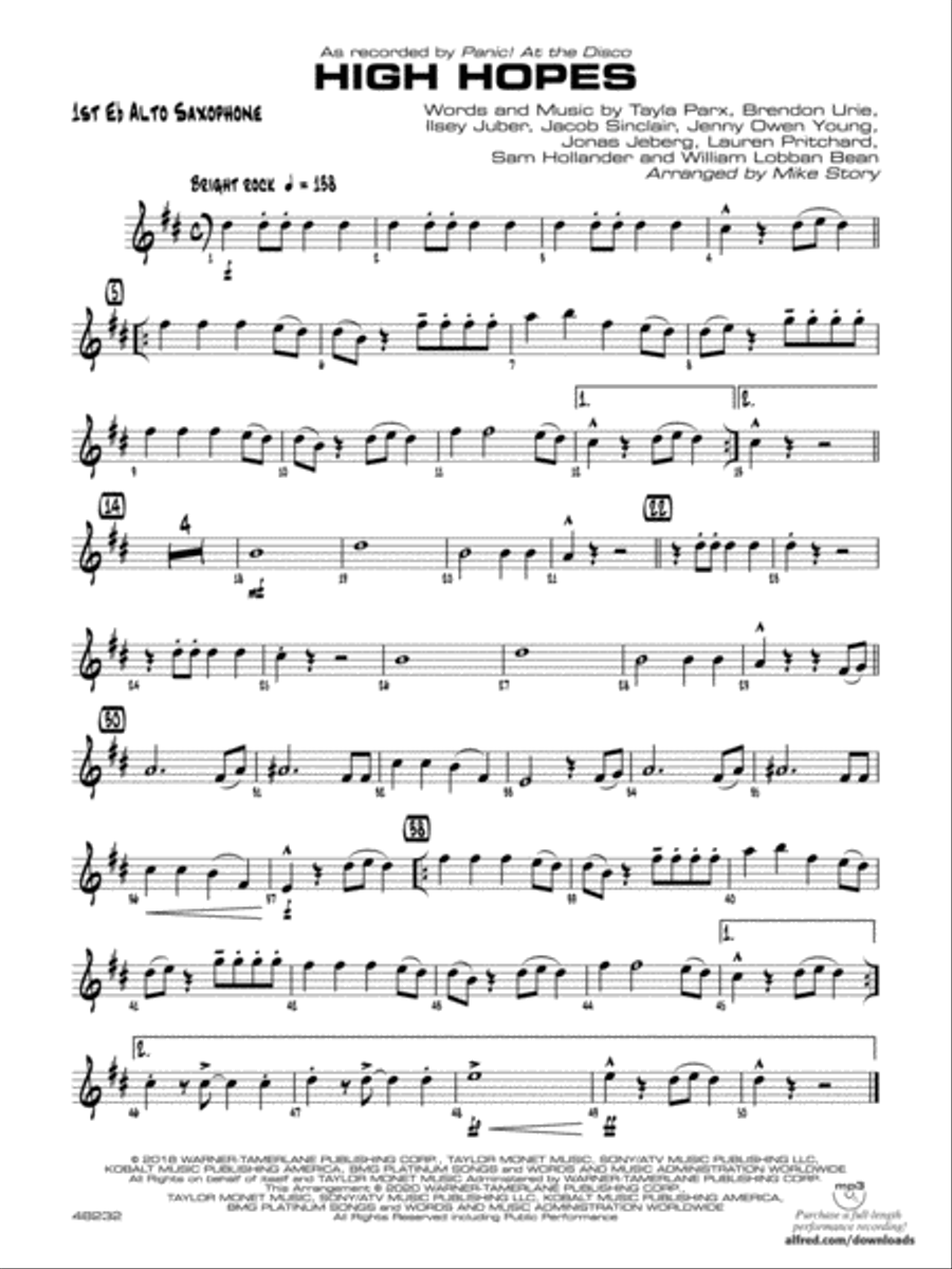 High Hopes E flat Alto Saxophone Jazz Ensemble Digital Sheet