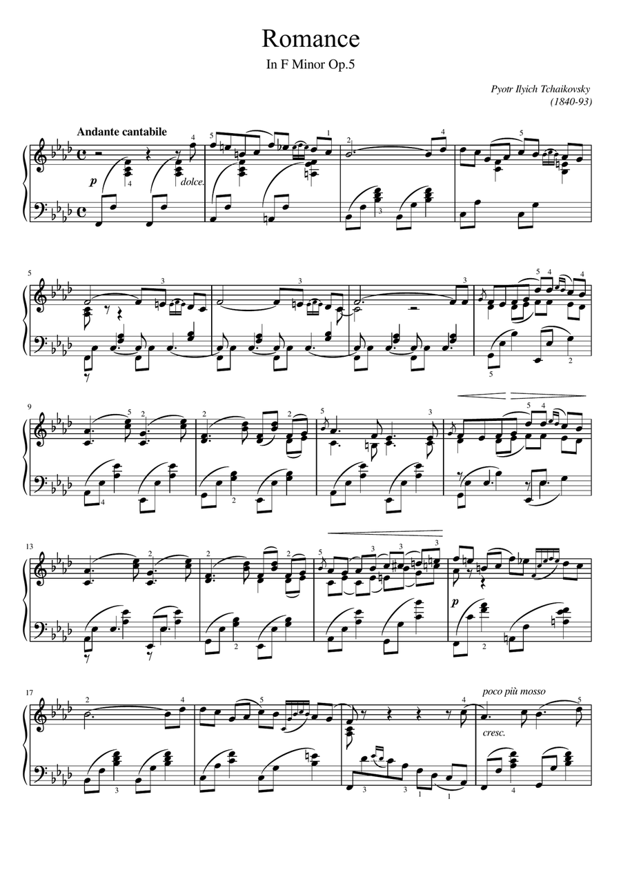 Tchaikovsky - Romance in F minor, Op.5 - Original With Fingering - For Piano Solo image number null