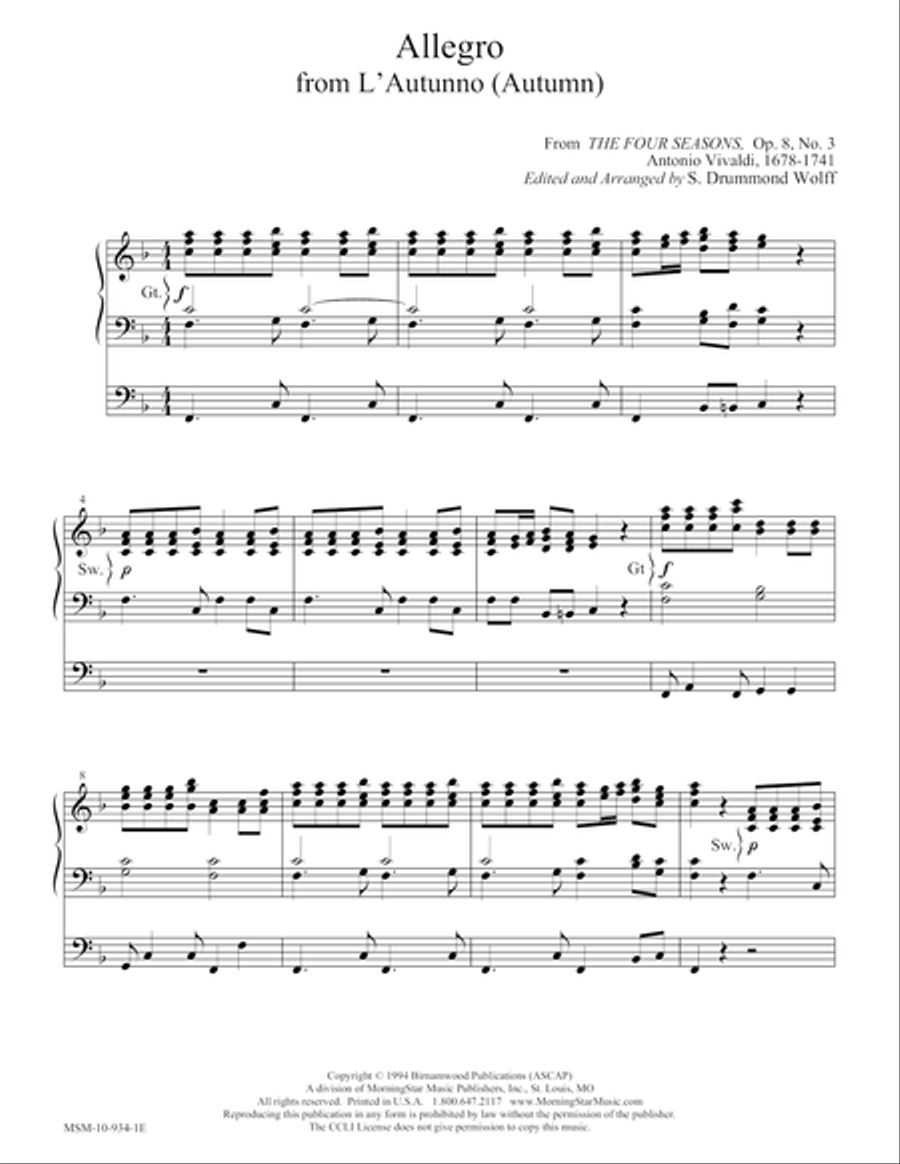 Allegro from L'Autunno (Four Seasons) Organ scores gallery preview page 1