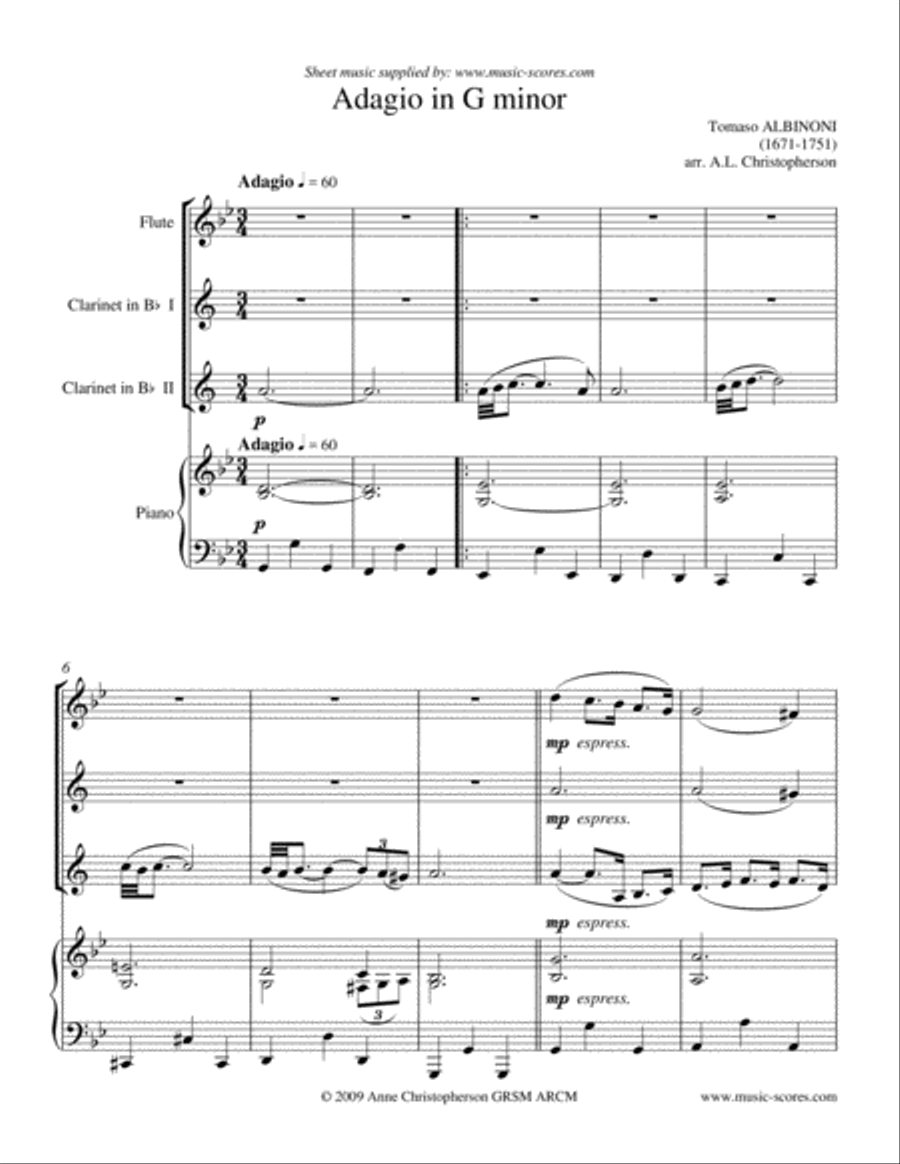 Albinoni Adagio - Flute, 2 Clarinets and Piano Clarinet scores gallery preview page 1