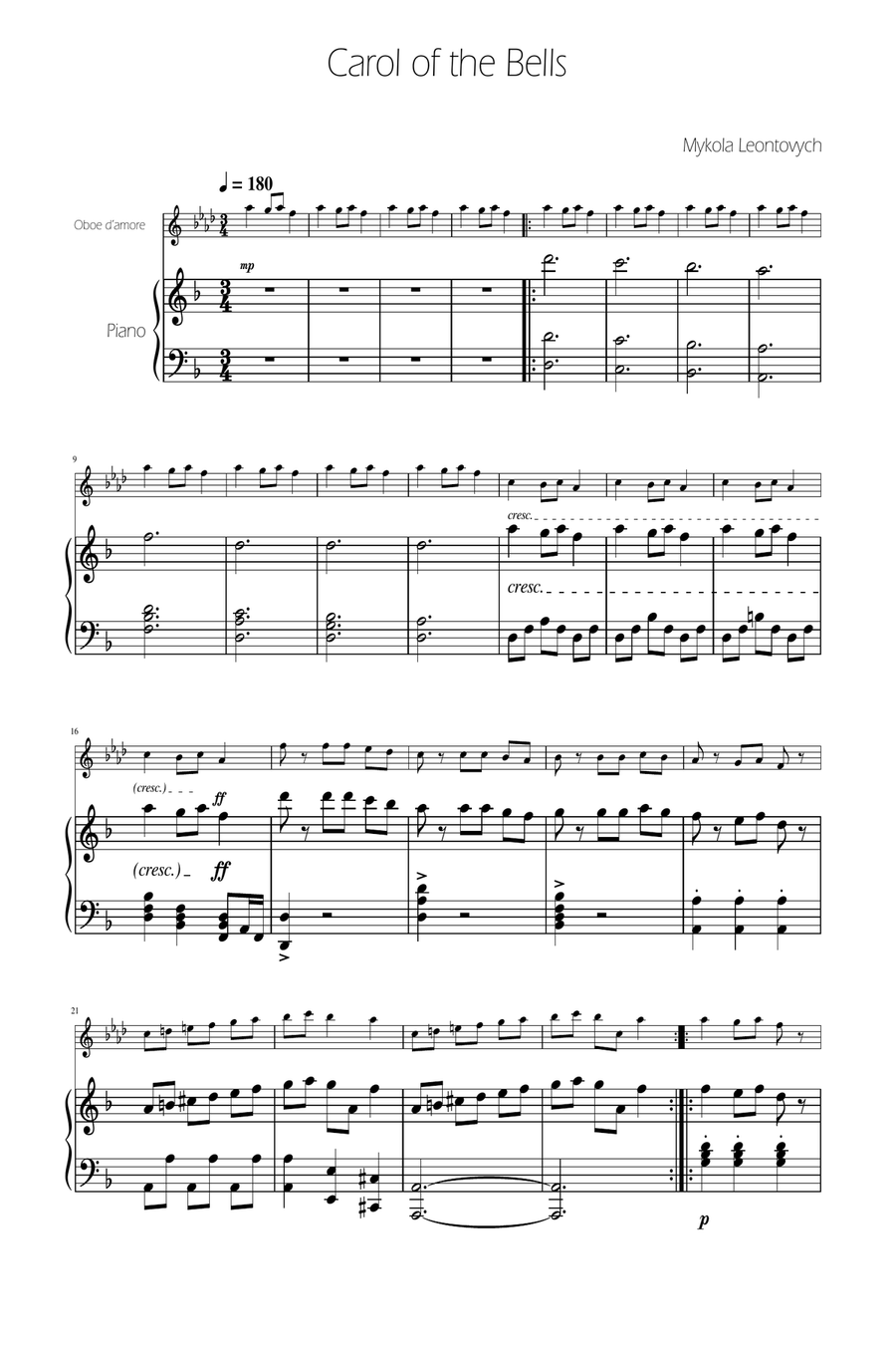 Carol of The Bells - Oboe D'amore Solo w/ Piano Oboe scores gallery preview page 1