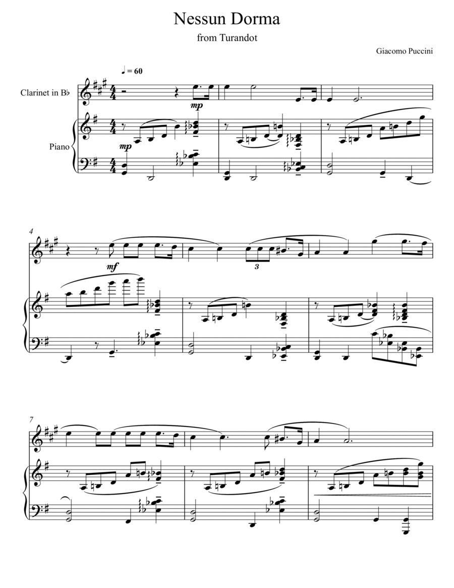 Giacomo Puccini - Nessun Dorma - Turandot (Clarinet Solo) Clarinet Solo scores gallery preview page 1
