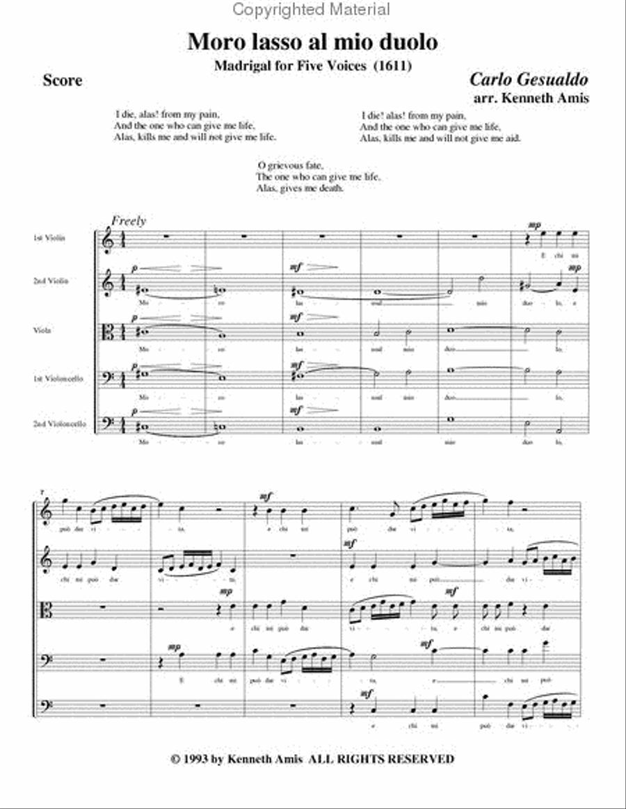 Moro lasso al mio duolo (for string quintet) String Quintet scores gallery preview page 2
