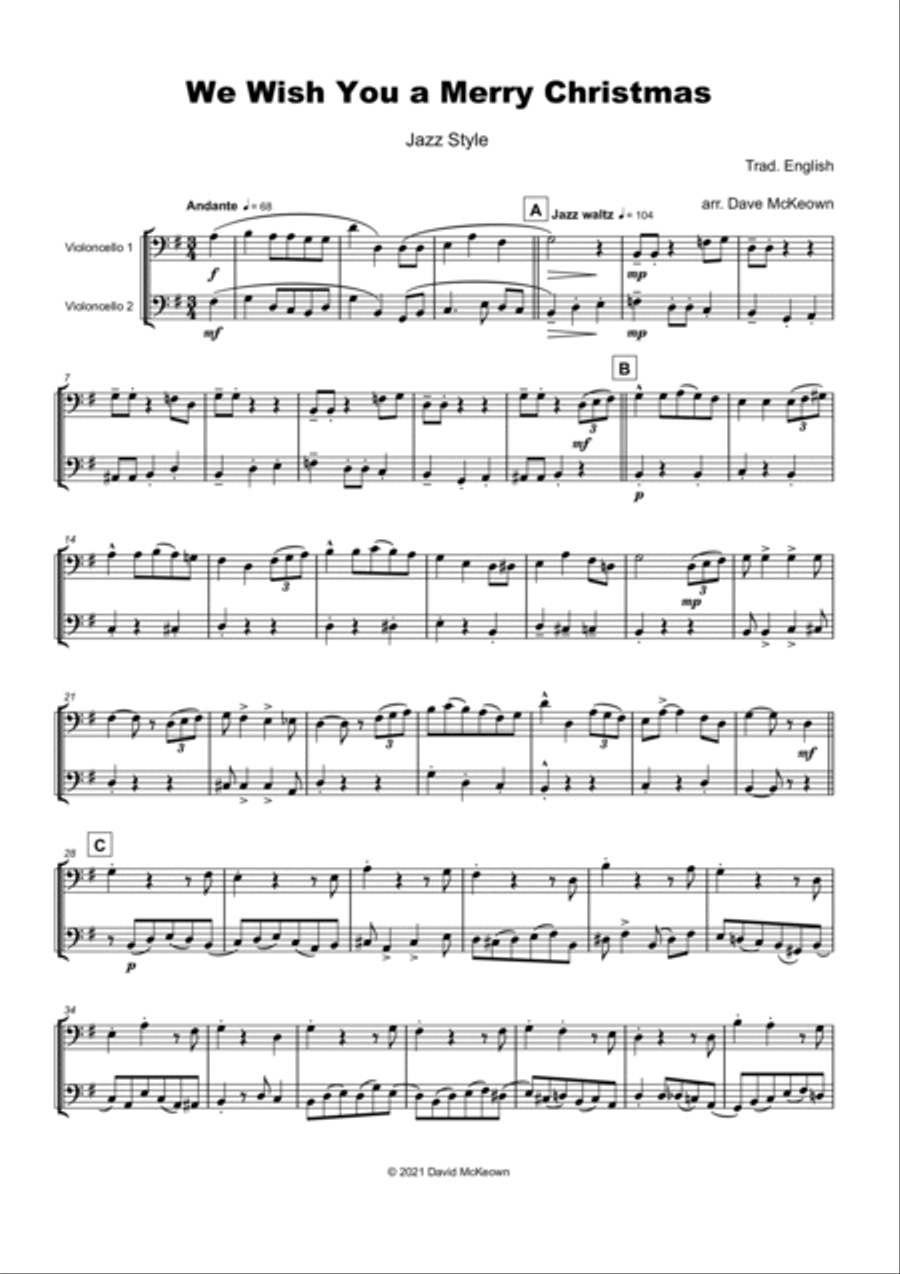 We Wish You a Merry Christmas, Jazz Style, for Cello Duet String Duet scores gallery preview page 2