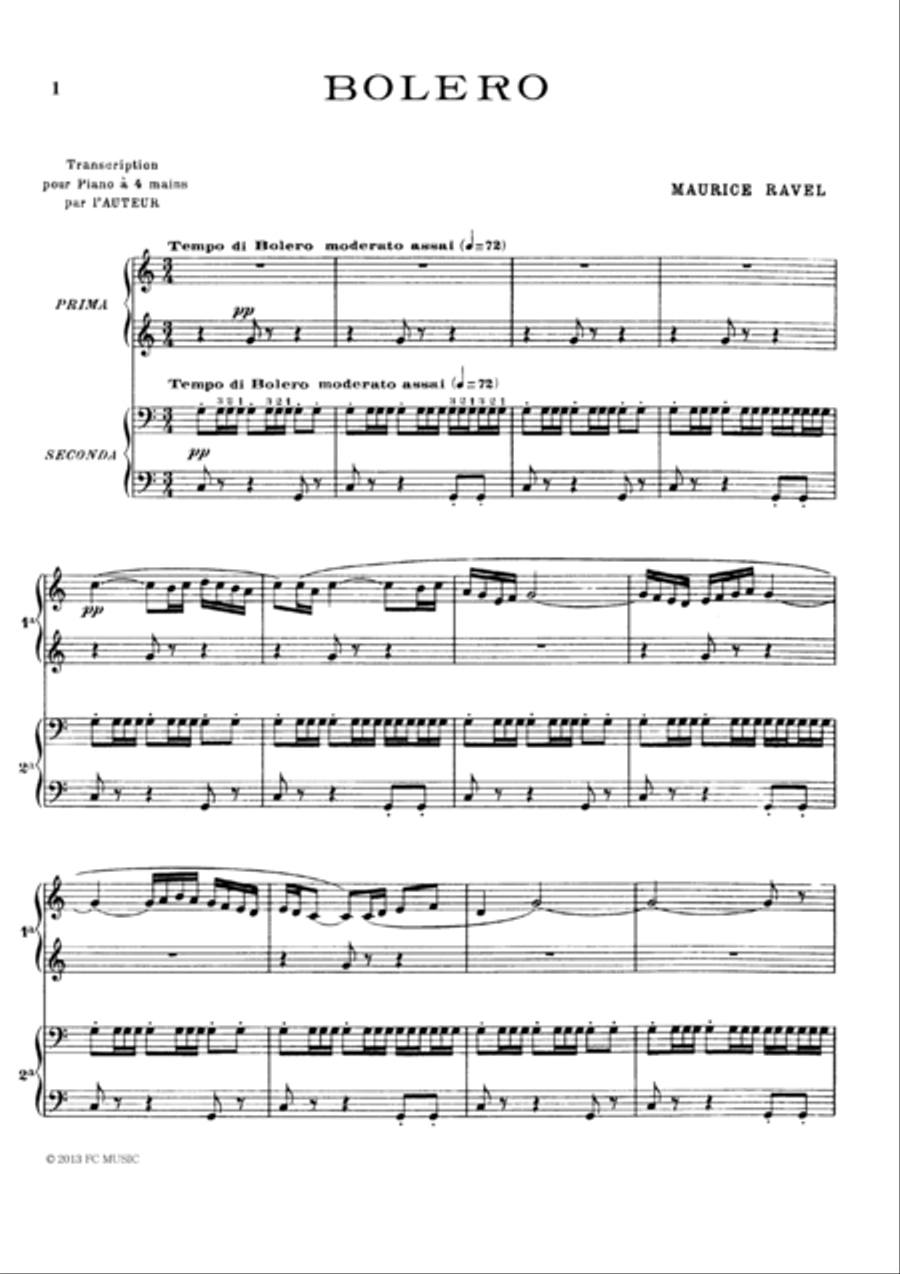 Ravel Bolero, for piano duet(1 piano, 4 hands), PR801