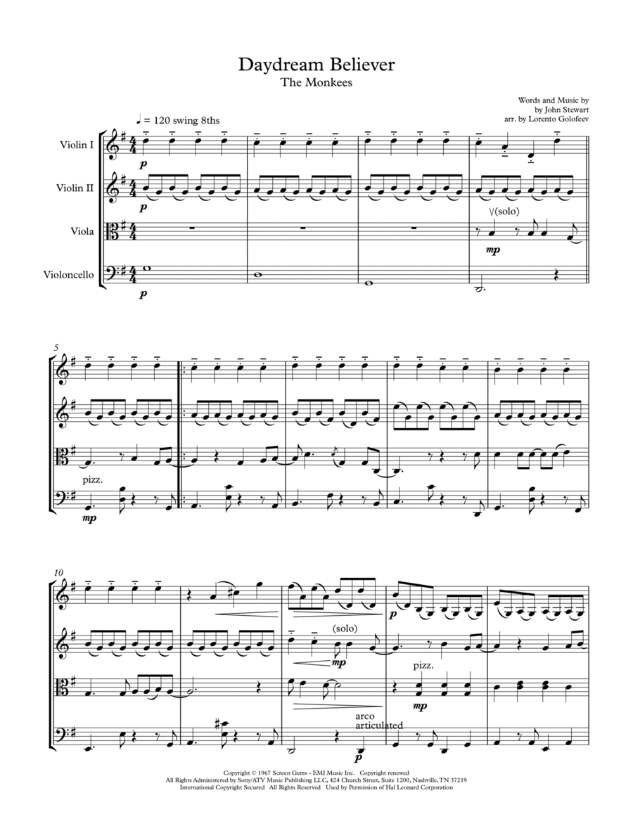Daydream Believer String Quartet scores gallery preview page 1