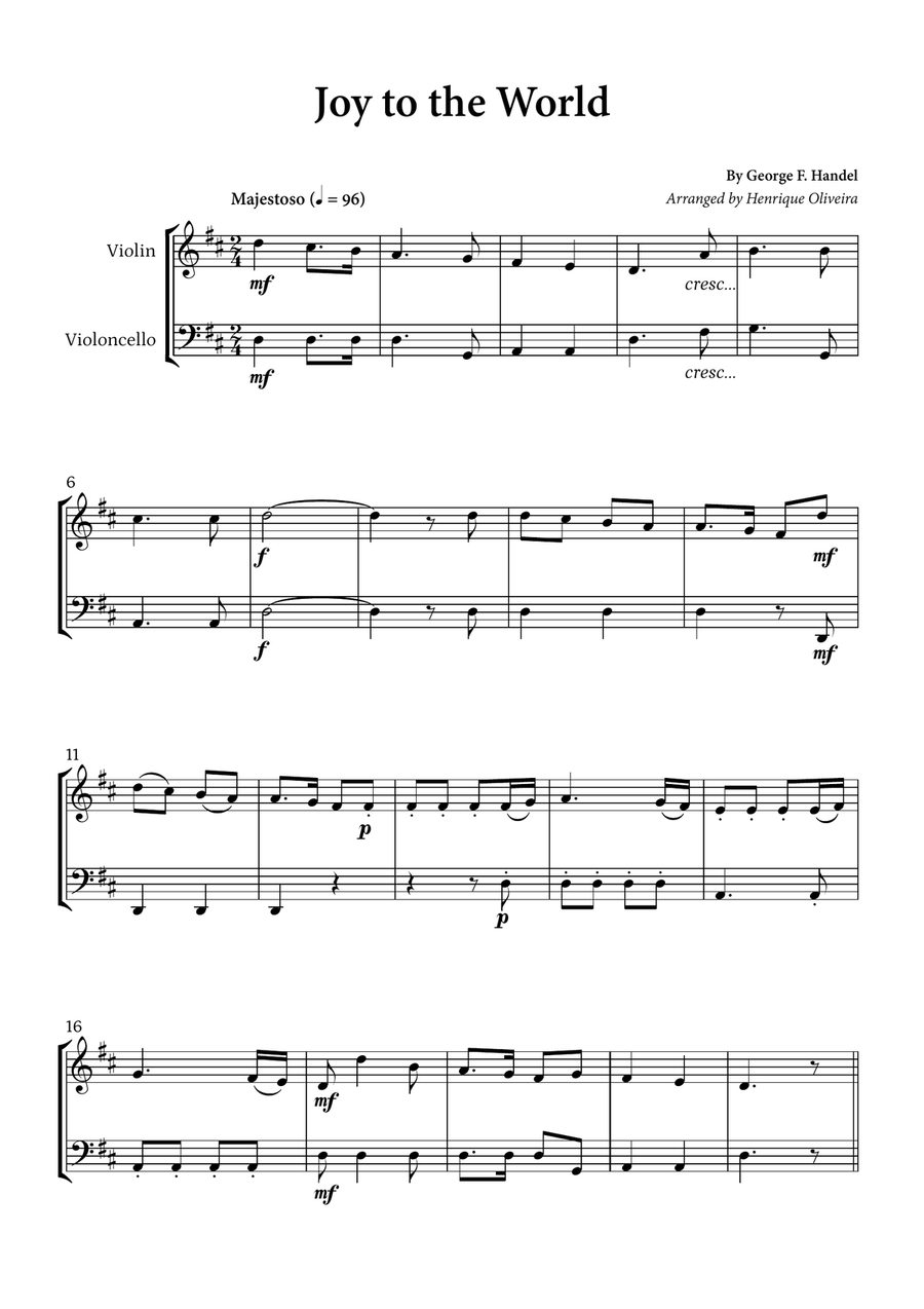 Joy to the World (Violin and Cello) - Christmas Carol String Duet scores gallery preview page 1