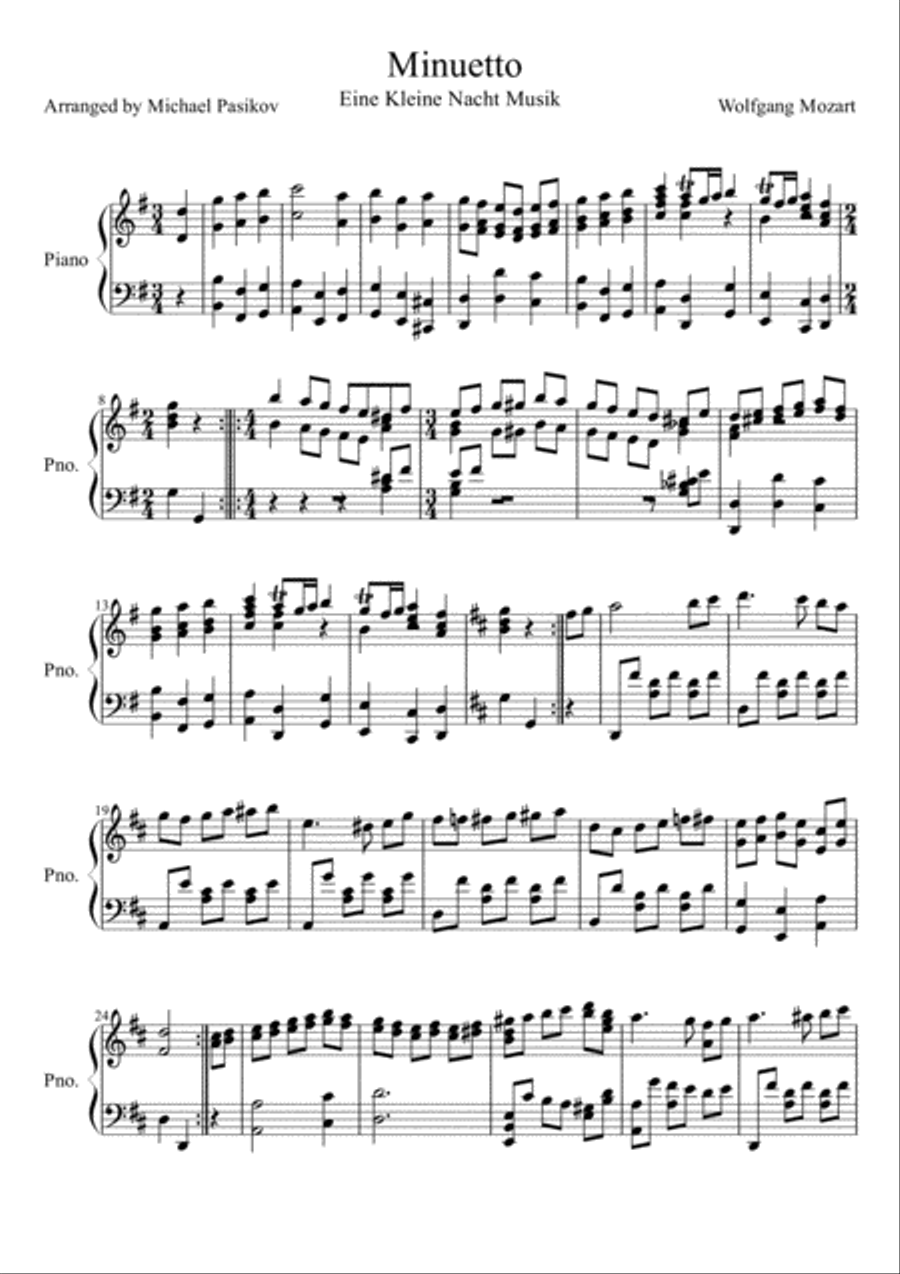 Minuetto from Mozarts Eine Kleine Nacht Musik Piano Solo scores gallery preview page 1