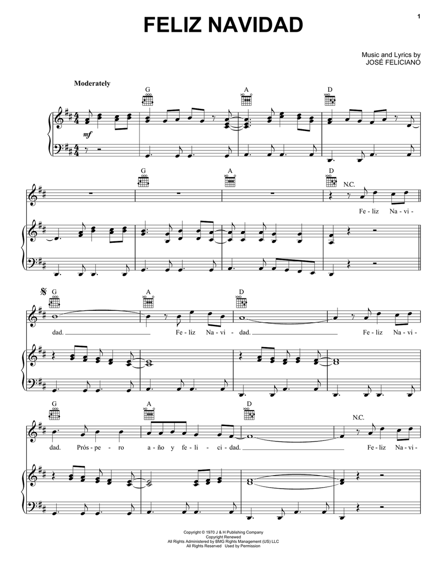 Feliz Navidad Piano, Vocal, Guitar scores gallery preview page 1