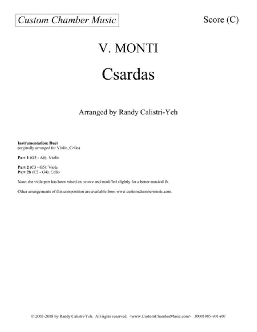 Book cover for Monti Csardas (Czardas): duet for violin and cello/viola