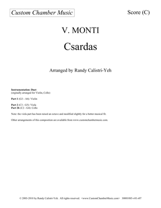 Monti Csardas (Czardas): duet for violin and cello/viola
