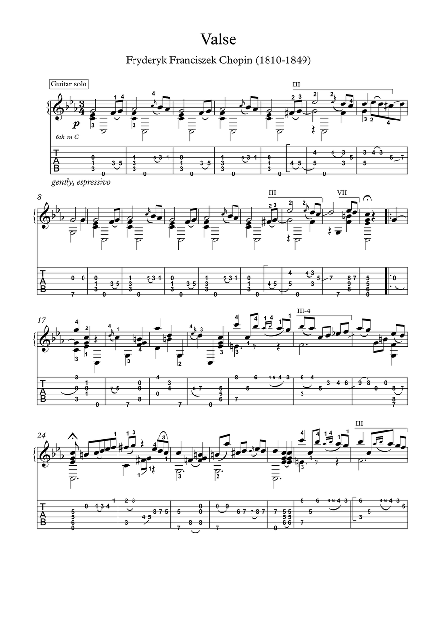 Chopin Grande valse brillante, op. 34 no. 2, guitar solo with tablature Acoustic Guitar scores gallery preview page 1