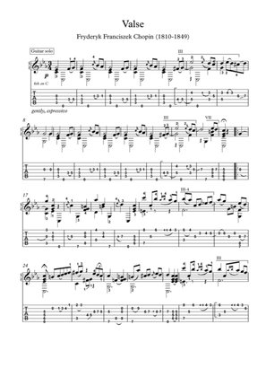 Chopin Grande valse brillante, op. 34 no. 2, guitar solo with tablature