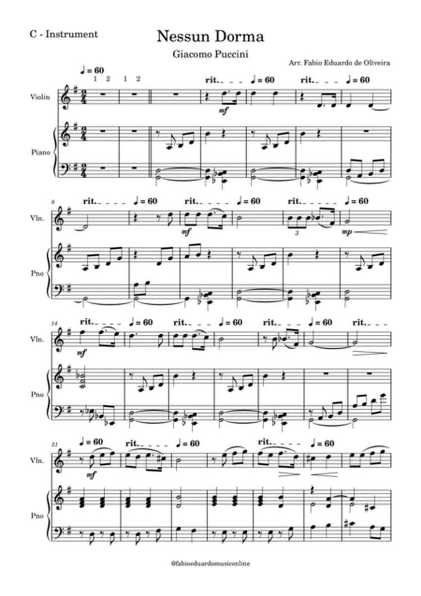 Nessun Dorma (Puccini) + FREE Mp3 Playback + PDF Solo and Piano Parts image number null