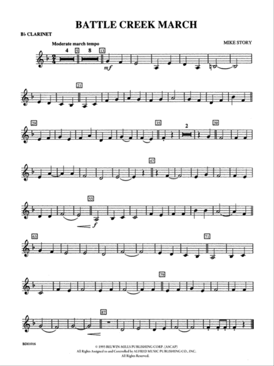 Battle Creek March: 1st B-flat Clarinet Concert Band scores gallery preview page 1