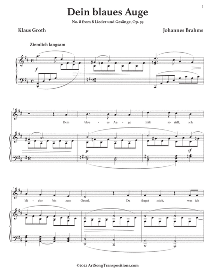 BRAHMS: Dein blaues Auge, Op. 59 no. 8 (transposed to D major)