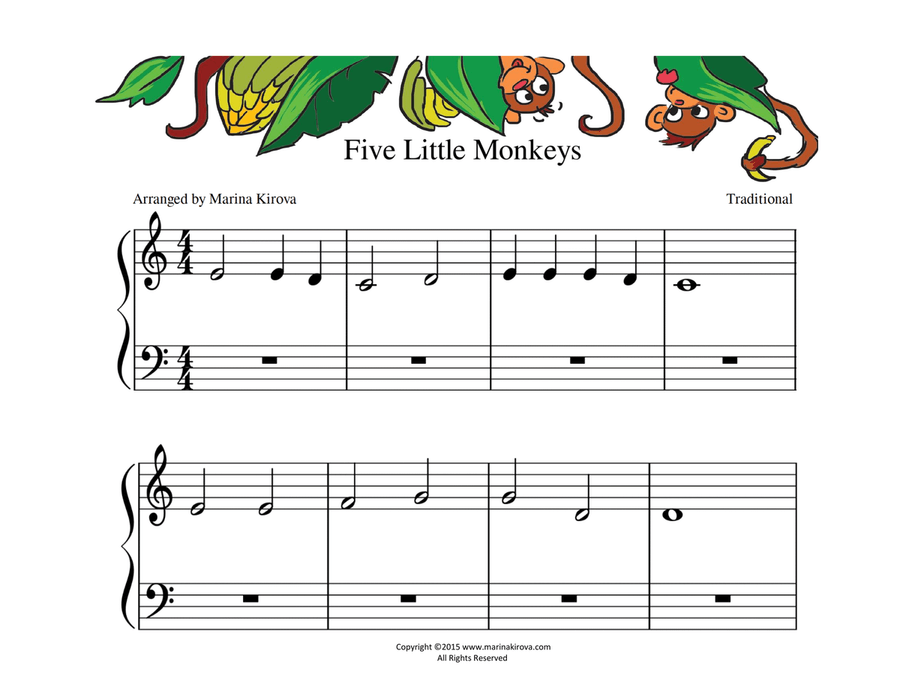Five Little Monkeys /Nursery rhymes piano sheet for beginners , Big notes and pictures, landscape or Easy Piano scores gallery preview page 2