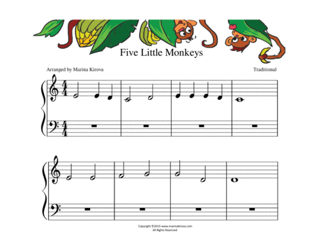 Five Little Monkeys /Nursery rhymes piano sheet for beginners , Big notes and pictures, landscape or image number null