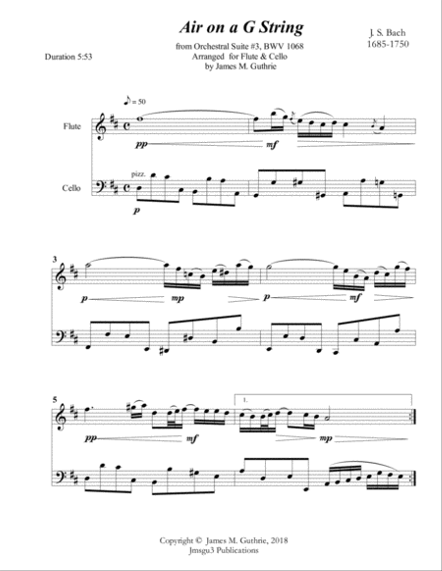 Bach: Air on a G String for Flute & Cello Flute scores gallery preview page 2