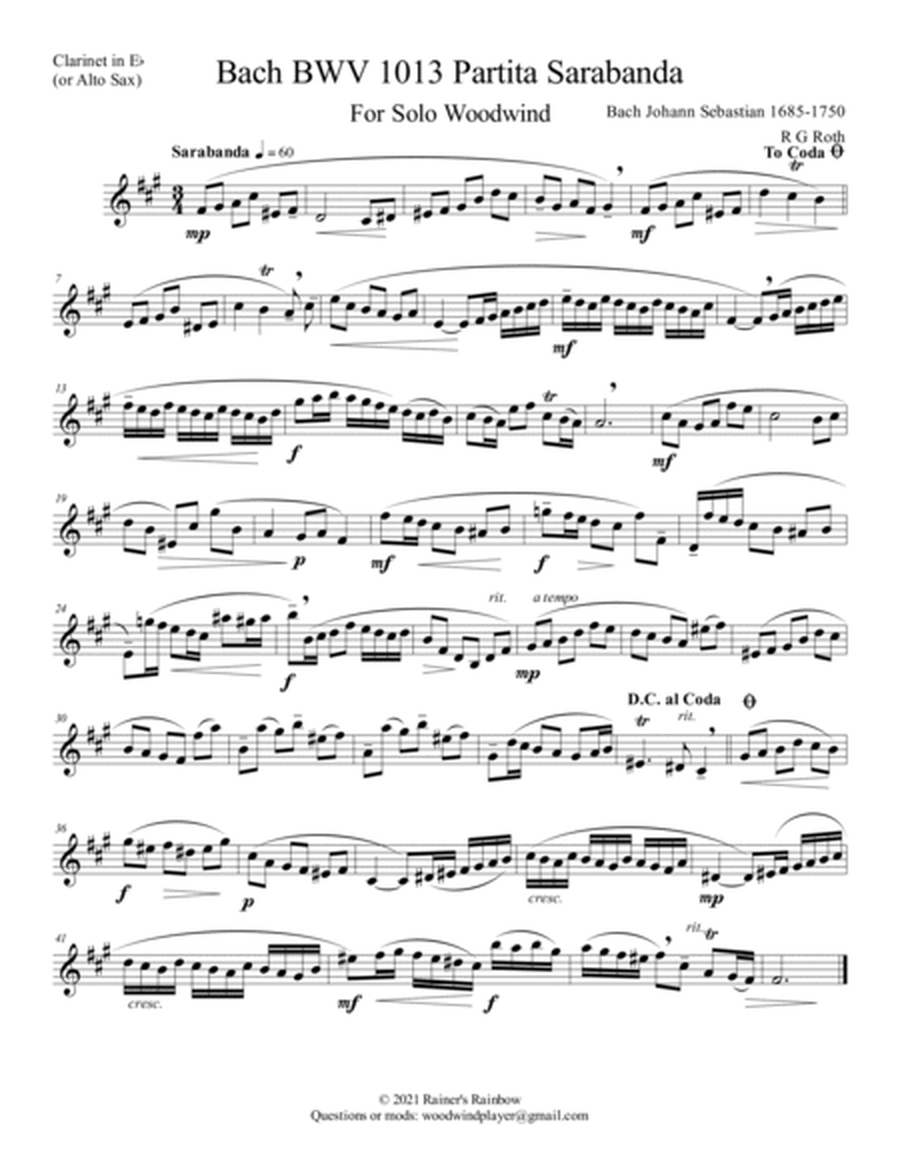 Bach 1723 BWV 1013 Partita in 4 Movements for Alto, Tenor or Soprano Sax