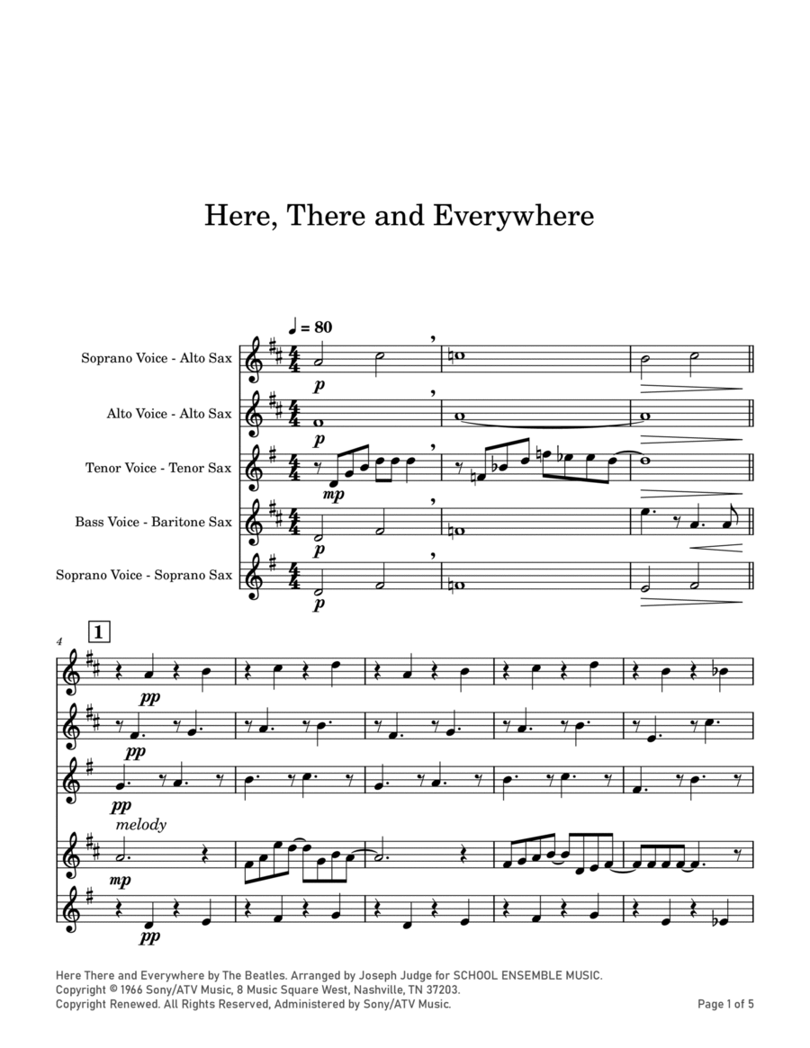 Here, There And Everywhere Saxophone Quartet scores gallery preview page 1