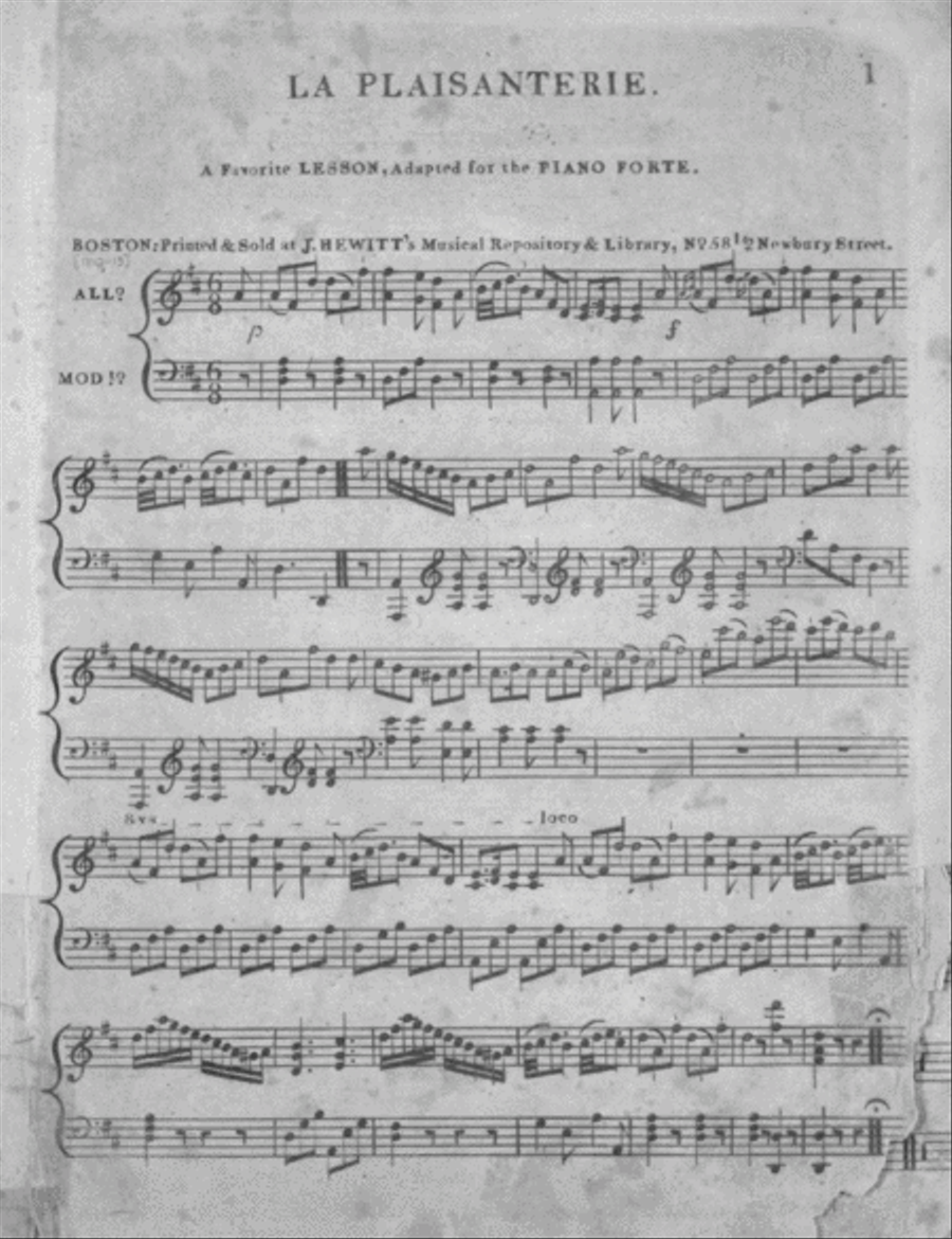La Plaisanterie. A Favorite Lesson, Adapted for the Piano Forte Piano Solo scores gallery preview page 1