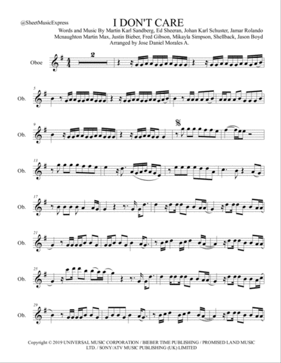 I Don't Care Oboe Solo scores gallery preview page 1