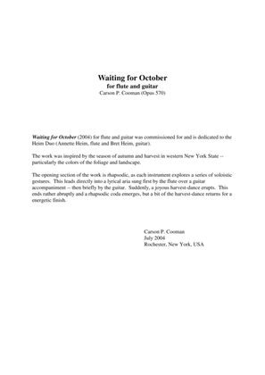 Book cover for Carson Cooman: Waiting for October (2004) for flute and guitar